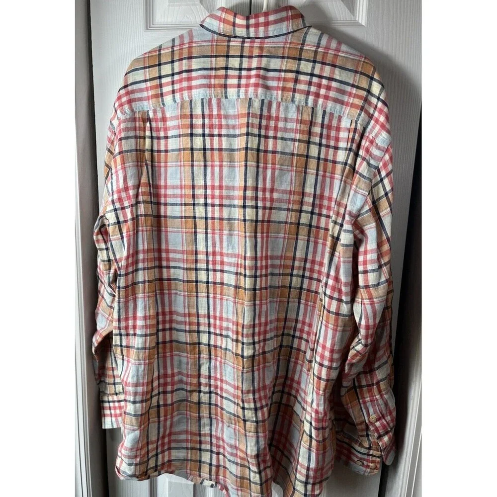 ORVIS Men's Long Sleeve Plaid Linen Shirt XL Red/Navy/Tan/Wht Preppy Classic - Picture 3 of 10